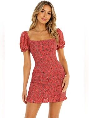 Lost + Wander Mini Dress Size M Coral Floral Smocked Puff Sleeve